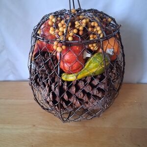 Rustic Wire Basket with Faux Fruit and Pinecones